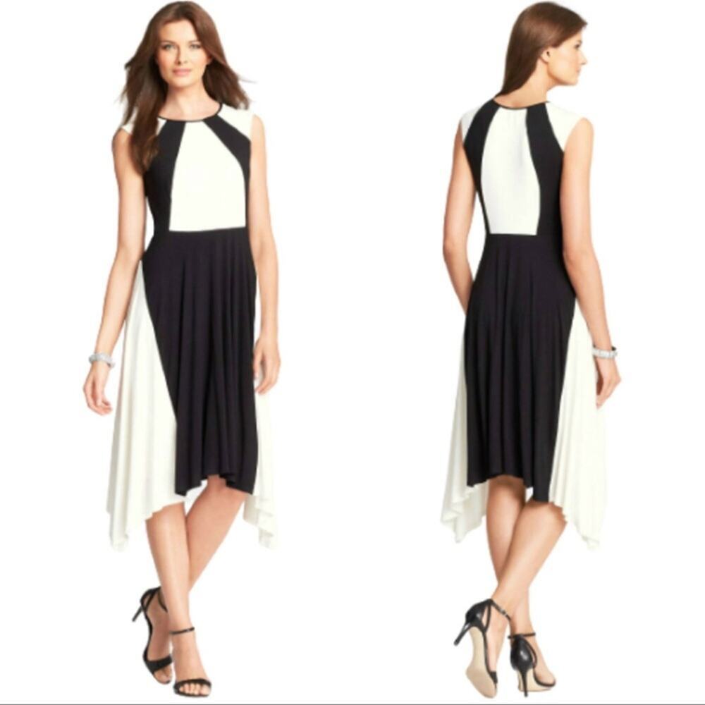 Ann Taylor Colorblocked Handkerchief Hem Dress  Black & White( ivory)